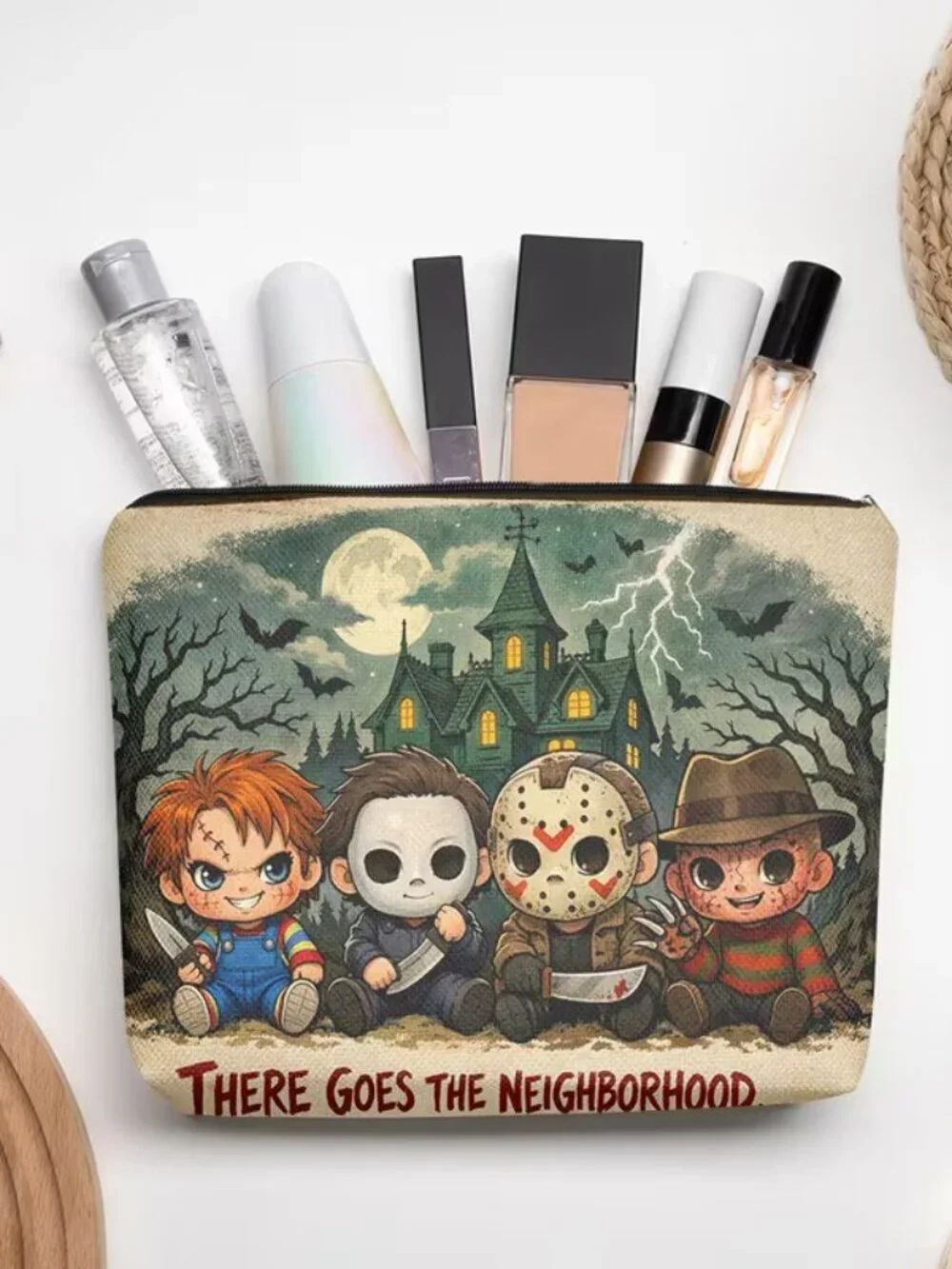 Halloween Goth Jason, Freddy and Michael Makeup Bag Double-Sided 6.5h" x 9.3"w